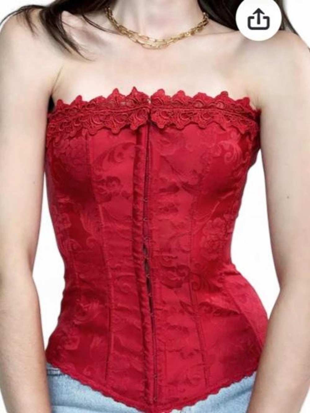 Vtg Y2K Fredericks of Hollywood Red Floral Jacquard Lace-Up Corset Top 32 XS-S